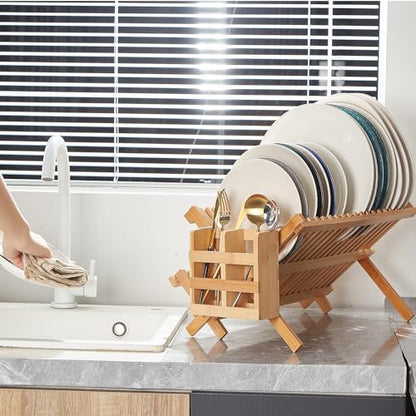 NOVAYEAH Bamboo Dish Drying Rack-2 Tier, Collapsible Small Dish Rack with Utensil Holder, Wooden Drying Rack for Kitchen Counter, Apartment Essentials Kitchen Plate Holder Organization 34 pcs Grid - color: 2-tier (Bamboo)