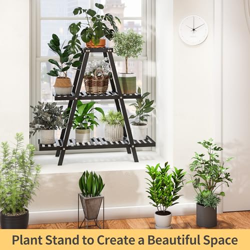 Bamboo Plant Stand Indoor/Outdoor, 3-Tier, Black, Rectangular, 8 Potted Flower Holder Ladder Plant Rack - color: Black