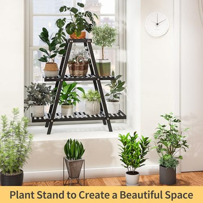 Bamboo Plant Stand Indoor/Outdoor, 3-Tier, Black, Rectangular, 8 Potted Flower Holder Ladder Plant Rack - color: Black