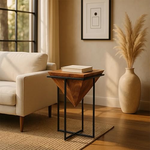 The Urban Port 26 Inch Pyramid Shape Wooden Side Table | Brown Finish, Cross Black Metal Base, Modern Accent End Table, For Living Room, Bedroom, Entryway, Lounge, Home Decor Display - size: 26-Inch