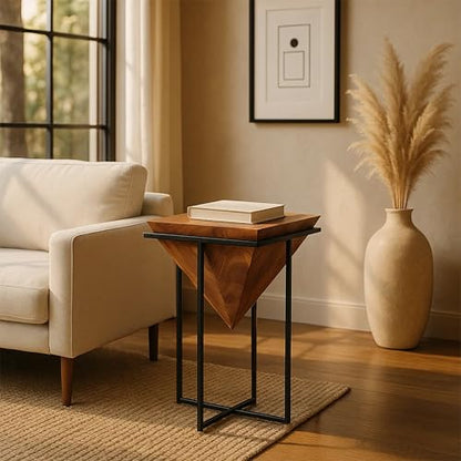The Urban Port 26 Inch Pyramid Shape Wooden Side Table | Brown Finish, Cross Black Metal Base, Modern Accent End Table, For Living Room, Bedroom, Entryway, Lounge, Home Decor Display - size: 26-Inch