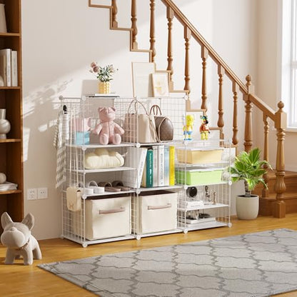 C&AHOME Wire Cube Storage Unit, Interlocking Metal Wire Organizer with Divider Design, Modular Cabinet with Plastic Panels, Bookshelf Stackable Closet Organizer with Small Hooks, White UWCSIM08W - color: White