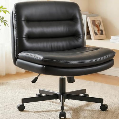 COMHOMA Cross Legged Office Chair with Wheels Armless Office Desk Chair, Modern Vanity Computer Task Chairs for Home Bedroom, Comfortable Wide Seat for Lower Back Pain Relief, PU Leahter, Black - color: Matte-black