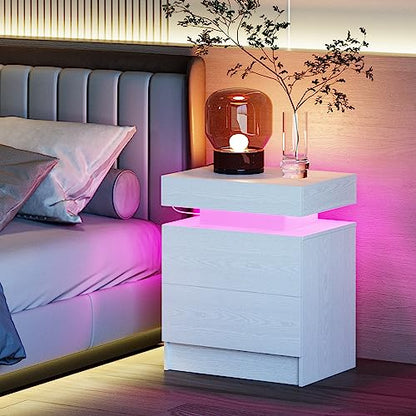 LIKIMIO Nightstand with Charging Station LED Light and 2 Drawers White | bedside table; end table; charging station; LED light; 2 drawers; White wood grain; small spaces - color: White