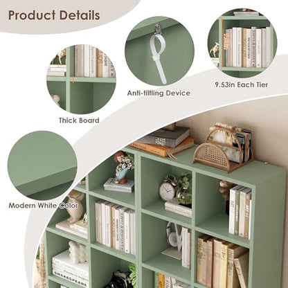 FOTOSOK 71'' Tall Bookshelf with 14 Cubes, 7 Tier Double Wide Bookshelf with 6 Adjustable Shelves, 19.6" Narrow Bookcase DVD/CD Media Storage Shelf, Space Saving Display Shelf Cabinet, Green - color: Green