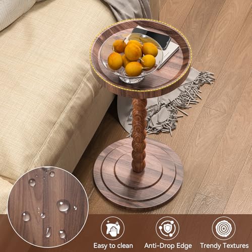 XNSDXV Round Side Table with Solid Wood Leg, Small Drink Table for Small Spaces, Martini Table with Raised Edge, Pedestal Side Table for Living Room, Bedroom,Sofa and Couch (Walnut Brown) - color: Walnut Brown