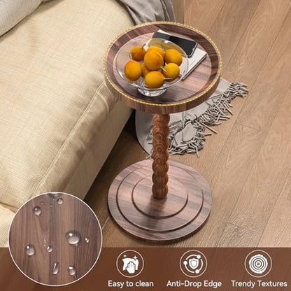 XNSDXV Round Side Table with Solid Wood Leg, Small Drink Table for Small Spaces, Martini Table with Raised Edge, Pedestal Side Table for Living Room, Bedroom,Sofa and Couch (Walnut Brown) - color: Walnut Brown