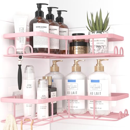 Sakugi Corner Shower Caddy - 2 Pack, Adhesive Shower Organizers, Rustproof Stainless Steel Shower Shelves with 8 Hooks, No Drilling Bathroom Organizers and Storage Racks, Space-Saving, Pink, Large - color: Pink, size: Large