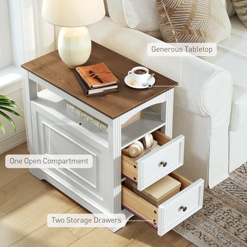 Farmhouse End Table with 2 Drawers, Narrow Sofa Side Table with Storage and Open Shelf, Wooden Nightstand for Small Spaces, Bedroom, Living Room, White and Walnut - color: White and Walnut