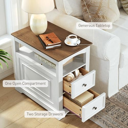 Farmhouse End Table with 2 Drawers, Narrow Sofa Side Table with Storage and Open Shelf, Wooden Nightstand for Small Spaces, Bedroom, Living Room, White and Walnut - color: White and Walnut