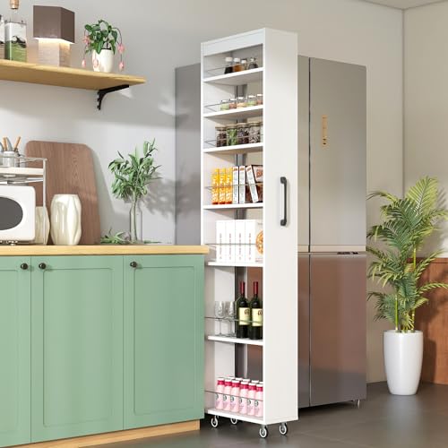 68'' Tall Narrow Storage Cabinet with Handle & Wheels, 7 Tier Pull-Out Kitchen Pantry Cart, Rolling Slim Freestanding Organizers Shelf Spice Rack for Small Spaces (White-Wheels, 7 Tier) - color: White-wheels, size: 7 Tier