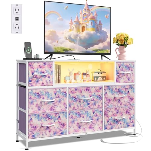 WLIVE Dresser TV Stand for 45, 50, 55 inch TV, Entertainment Center with LED Lights & Charging Station, Chest of Drawers with 8 Fabric Drawers for Living Room, Tie-dye Print (Pink, Purple, Blue) - color: Tie-dye Purple Print
