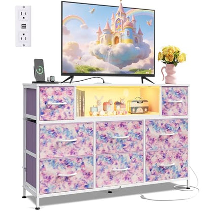 WLIVE Dresser TV Stand for 45, 50, 55 inch TV, Entertainment Center with LED Lights & Charging Station, Chest of Drawers with 8 Fabric Drawers for Living Room, Tie-dye Print (Pink, Purple, Blue) - color: Tie-dye Purple Print