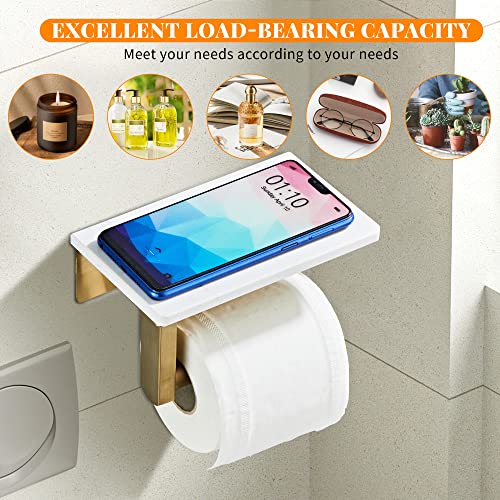 Brushed Gold Toilet Paper Holder with Shelf, 304 Stainless Steel Screw Wall Mounted, Marble Tissue Roll Holder with Storage - color: Brushed Gold