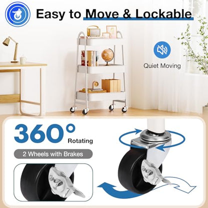 DUMOS 3 Tiers Metal Rolling Utility Cart with Lockable Wheels, Mobile Storage Organizer, Utility Shelving Unit for Kitchen, Office, Bathroom, Laundry, Narrow Places, White - color: 3 Tiers White