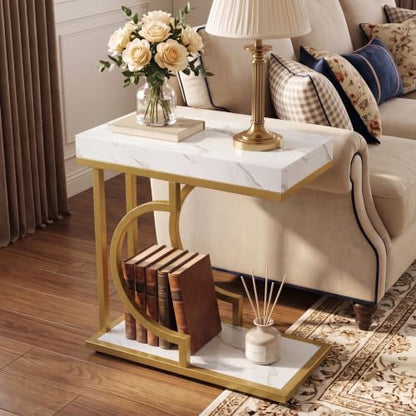 Tribesigns C Shaped Modern End Table for Coach with Metal Frame | Faux Marble Grain, Small Side Table for Living Room, Nightstand for Bedroom, White&Gold - color: White&gold