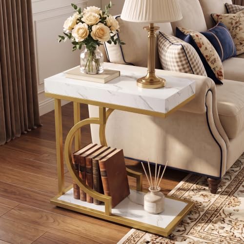 Tribesigns C Shaped Modern End Table for Coach with Metal Frame | Faux Marble Grain, Small Side Table for Living Room, Nightstand for Bedroom, White&Gold - color: White&gold