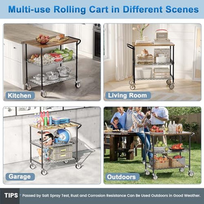 Rolling Kitchen Carts with Wheels, 3-Tier Utility Cart with Wood Tabletop | NSF Commercial Metal Serving Cart with Handle and Shelf Liner for Kitchen Snacks,34"D x 17.5"W x 32.5"H,Black - color: Wood-black