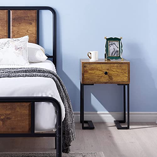 VECELO Nightstand with Storage Drawer, End/Side Table for Bedroom, Sturdy Metal Frame