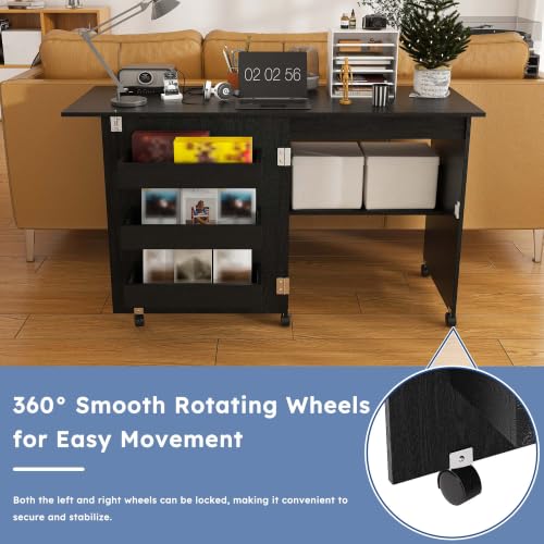 HRVEOCEI 4-in-1 Folding Sewing Table with Storage, Sewing Desk Foldable with Lockable Wheels & Power Socket, Sewings Machine Cabinet & Craft Desk with Shelves, Compact Design (Black, 45 Inch) - color: Black, size: 45 Inch