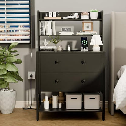 39 Inch Tall Nightstand with 2 Drawers & Charging Station, Black | 4-tier Open Shelves, P2 Particle Board, Steel Frame, 2 AC Outlets, 2 USB Ports, Suitable for Dorm and Apartment - color: Black
