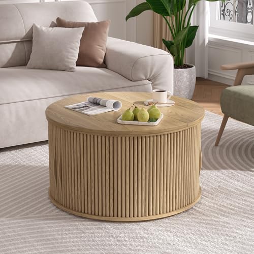 JOINICE Round Lift Top Coffee Table with Storage for Living Room,Oak | 31.5" Drum Design,Hidden Storage&Open Shelf,Boho Fluted Center Table for Small Apartments,Easy Assembly,Up to 150 lbs