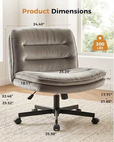 COMHOMA Criss Cross Office Chair with Wheels Armless Desk Chair Comfy, Modern Vanity Chair for Home Bedroom, Comfortable Wide Seat for Lower Back Pain Relief, Soft Velvet, Gray - color: Moon-gray Velvet