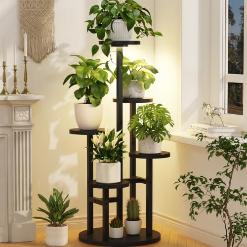 LASZOLA Wood Small Plant Stand Table Indoor Tall with Lights, 5 Tier Black | Corner Flower Pot Holder Rack for Multiple Plants, Rustic Planter Shelf Display for Patio Garden Balcony Living Room - color: Natural Black with Light, size: 5 Tier
