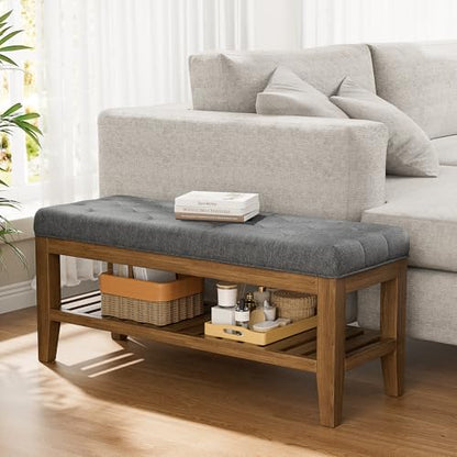 YaFiti End of Bed Storage Bench, 42.9" Entryway Shoe Bench with Solid Wood Shelf, Upholstered Ottoman with Padded Seat for Bedroom, Hallway and Lining Room, Dark Gray - color: Dark Gray
