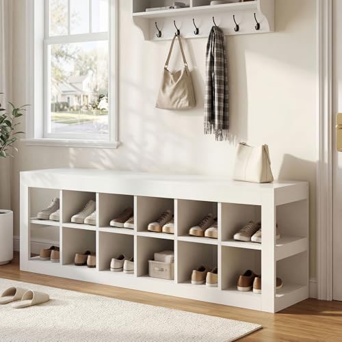 Tribesigns White Storge Cubes, Wood Storage Organizer, Modern 52" Shoe Entryway Bench