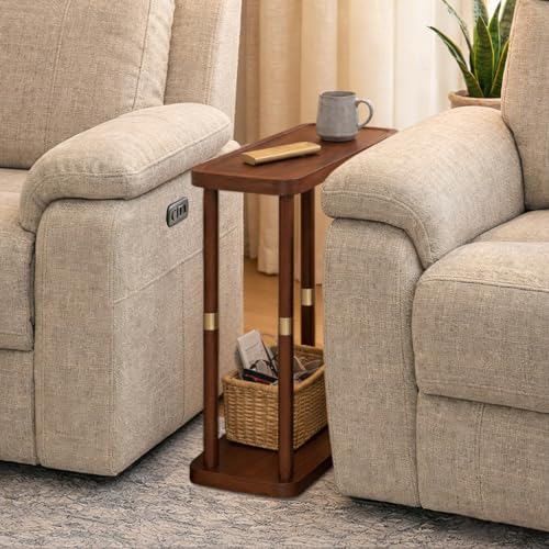 Narrow Side Table, 2-Tier Solid Wood Slim End Table for Small Spaces, 7.5-Inch Skinny Nightstand with Tray Top Storage Shelf for Bedroom, Living Room, Sofa Side, Red Brown - color: Red Brown