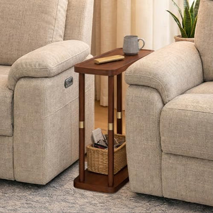 Narrow Side Table, 2-Tier Solid Wood Slim End Table for Small Spaces, 7.5-Inch Skinny Nightstand with Tray Top Storage Shelf for Bedroom, Living Room, Sofa Side, Red Brown - color: Red Brown