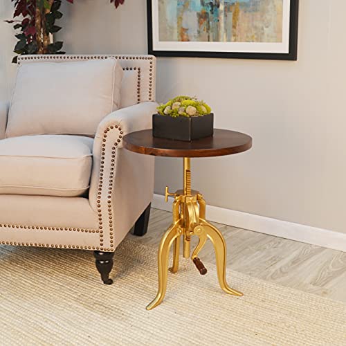 Carolina Chair & Table Adjustable Hand Crank 18" Wooden Top Rustic Side Table - Cast Iron Base Round Accent Table for Farmhouse, Living Room, or Bedroom (Elm/Gold) - color: Elm/Gold