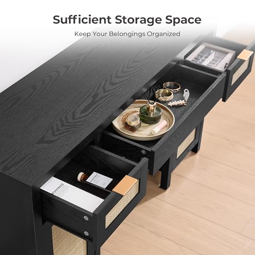 SICOTAS Rattan Vanity Home Office Desk with 3 Drawers, 52 Inch Vanity Table | Farmhouse Boho Makeup Vanity Dressing Table with Large Storage, Vanities Desk for Makeup Room, Bedroom, Office - size: 1 Piece, style: Black Oak