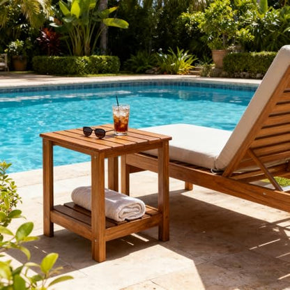 Utoplike Teak Side Table Outdoor, Patio End Table Double Layer for Garden | Wooden Coffee Accent Tables for Backyard, Pool, Bed, Living Room, Couch, Two-Tier - size: 2-Tier
