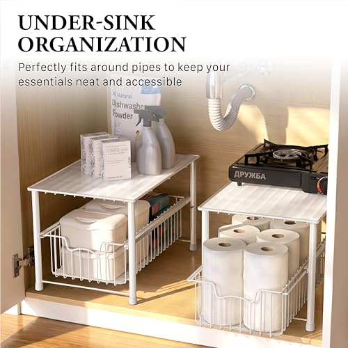 Simple Houseware Stackable Under Sink Cabinet Sliding Basket Organizer Drawer, White - color: White