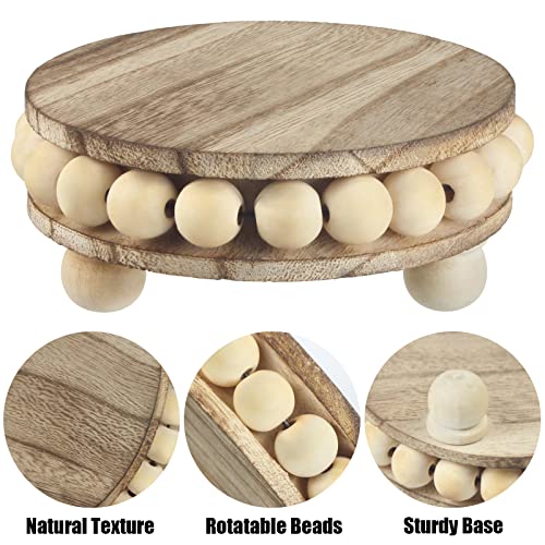 Round Wood Pedestal Stands for Decor, 2-Pack | Beaded wood pedestals for boho decor, versatile as a small plant display, or farmhouse counter tray.（4-Inch）