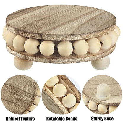 Round Wood Pedestal Stands for Decor, 2-Pack | Beaded wood pedestals for boho decor, versatile as a small plant display, or farmhouse counter tray.（4-Inch）