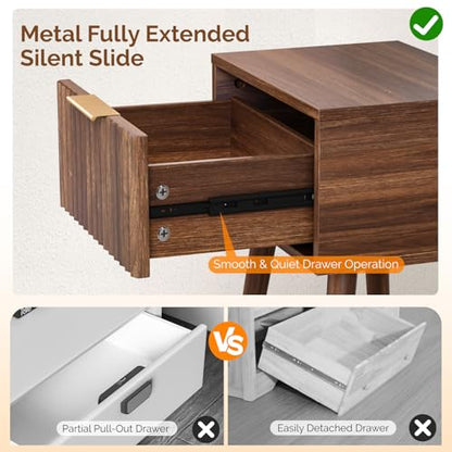 VINGLI Night Stand Set 2, Fluted Nightstands with Drawer, Mid Century Modern Nightstands Set of 2, Bedside Table, End Table, Wood Nightstand for Bedroom, Walnut, 15.75" W*11.81" D*21.85" H - color: Walnut, size: 15.7"W-1 Drawer
