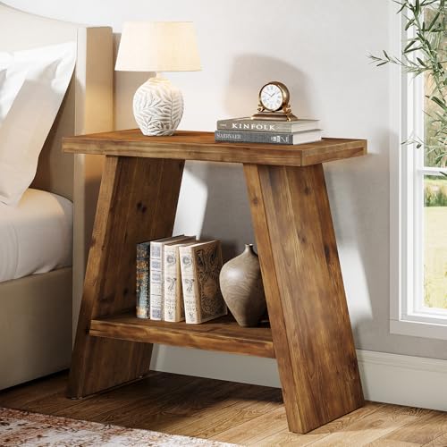 Solid Wood End Table for Living Room, Narrow Small Side Table with 2-Tier Storage, Farmhouse Bedside Nightstand for Bedroom, Small Places, Rustic Brown (1PCS) - color: Rustic Brown