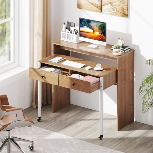 Giantex Small Computer Desk with Hutch & Drawers, Extendable Writing Desk w/Pull Out Secondary Table, Monitor Stand & Rolling Wheels, Console Table, Compact Desk for Small Spaces (Natural) - color: Natural