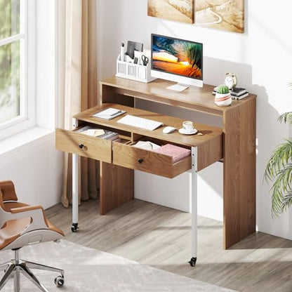 Giantex Small Computer Desk with Hutch & Drawers, Extendable Writing Desk w/Pull Out Secondary Table, Monitor Stand & Rolling Wheels, Console Table, Compact Desk for Small Spaces (Natural) - color: Natural