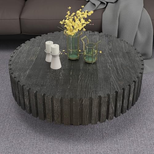 31.4'' Round Circle Coffee Table Modern Wood Coffee Table for Living Room, Contemporary Minimalist Fluted Drum Pedestal Style, Easy Assembly, Black - color: Ø31.4''-black