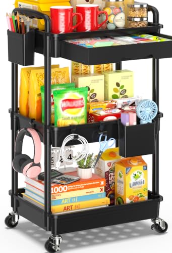 SUNALLY 3 Tier Rolling Cart with Drawer, Bathroom Storage Organizer with 2 Lockable Wheels, Multifunctional Rolling Storage Cart for Bathroom, Kitchen, Office, Craft, Makeup, Baby Essentials, Black - color: Black, size: 3 Tier