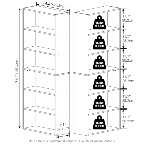Furinno Jaya Book Shelf Set of 2, 6-Tier Bookshelf, Bookcase, 9.5 x 24.6 x 71, for Home Office, Living Room, Amber Pine - color: Amber Pine, size: Set of 2, 6-Tier