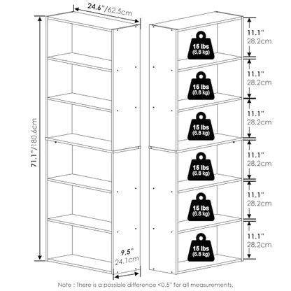 Furinno Jaya Book Shelf Set of 2, 6-Tier Bookshelf, Bookcase, 9.5 x 24.6 x 71, for Home Office, Living Room, Espresso - color: Espresso, size: Set of 2, 6-Tier