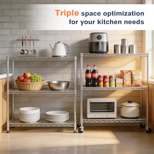 Adjustable 3-Tier Metal Wire Shelves on Wheels,35.4x17.7 x36.5(WxDxH) | Heavy Duty Standing Storage Rack with Lockable Wheels, Wire Shelving Unit for Garage, Kitchen, Office, Pantry,Laundry - color: 3-tier Chrome-35.4"x17.7" X36.5"(wxdxh)