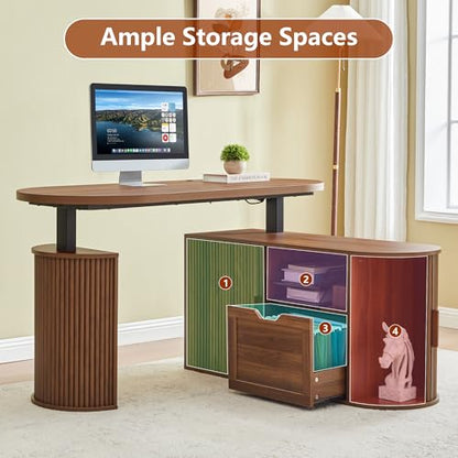 55" L Shaped Standing Desk with Storage, Oval Electric Desk Height Adjustable Executive Desk with File Drawer, Fluted Wood Desk Office Sit Stand up Desk for Work, Study, Writing, Walnut - color: 55'' L Shape Walnut