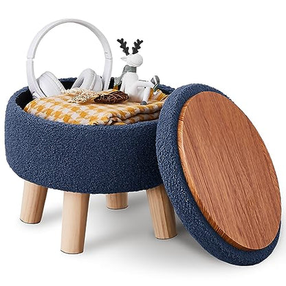 Wimarsbon Storage Ottoman, Modern Round Footrest with Soft Padded Seat, Teddy Velvet Footstool with Wood Legs, Accent Small Table or Plant Stand for Hallway, Living Room (Grey-Blue) - color: Dark Grey Blue