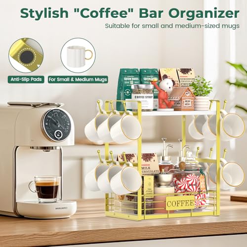 EsLuker.ly Coffee Mug Cup Holder Tree Bar Station Organizer, 2 Tier Mug Stand Rack for Countertop Kitchen, Storage Tower Display Shelf with 12 Hooks, Coffee Nook Enhancer, White-Gold - color: White + Gold
